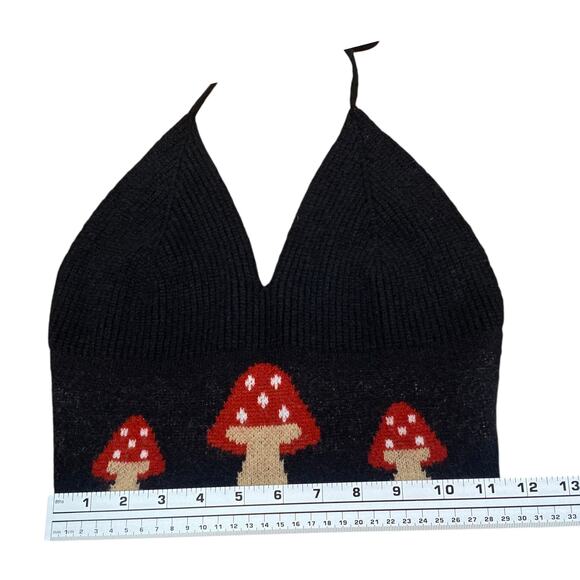 Romwe Black Mushroom Hippie Festival Intarsia Knit Cropped Halter Top SZ S - Picture 11 of 12